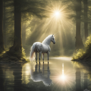 Unicorn stranding by a lake in a forest with sunbeams coming through the trees