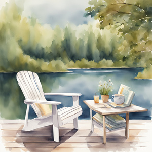 White Adirondack chair on a deck with a river or lake behind it. Beside it there is a book on a table. Chair and table are facing the camera Watercolor style