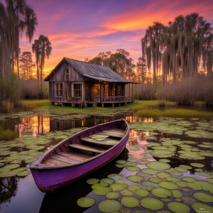  lily pads swamp colorful sunset with purple mixed in Old wooden boat  old cabin with lights on inside cypress trees with Spanish moss Dali style