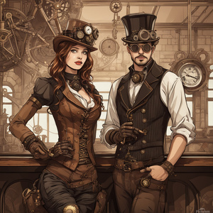 Steampunk is a young woman and a steampunk man in the cafe