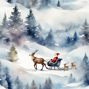 Merry Christmas shimmering snowy winter landscape with little pine trees on a jingling sleigh Santa Claus pulling a deer Watercolor style