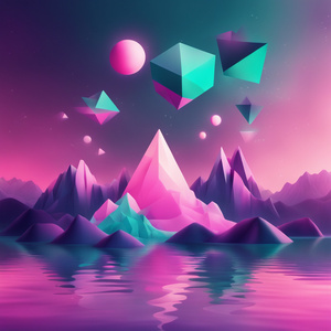 A surreal mountain landscape with floating geometric shapes glowing light effects and gradients in teal pink and purple tones for a dreamy atmosphere.