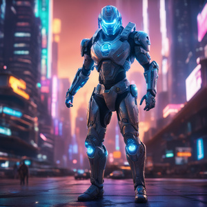 A hyper-realistic image featuring a cybernetic warrior with advanced armor and glowing cybernetic enhancements and a holographic interface projecting from their arm. The scene is set against a futuristic cityscape with neon lights and towering skyscrapers