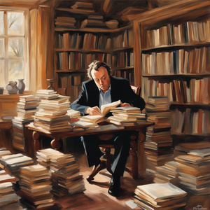 Christopher Hitchens sitting on a chair at a small table reading a book in his house with piles and piles of books neatly stacked around the room and in his library behind him.. Impressionism style