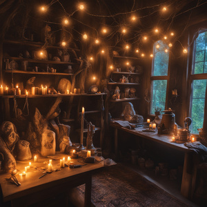 Enchanted mage workshop retreat with glowing lights