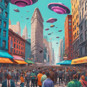 crowd of realistic looking people colorful buildings carstrucks New York City flat iron building flying saucers attacking Cyberpunk style