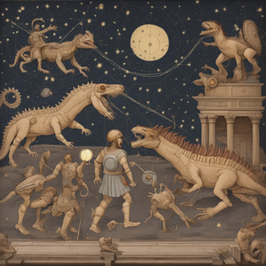 MECHANICAL CREATURES CRAFTING LUMINOUS CONSTELLATIONS IN THE NIGHT SKY WITH ROMANS FIGHTING DINOSAURUS in ancient rome 
