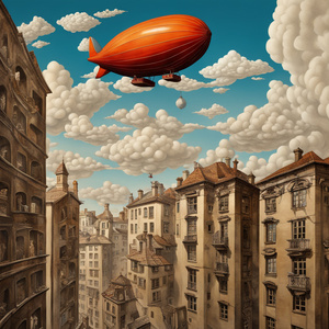 Magic-infused cityscape  moritz escher  sky and blimp Dali style
