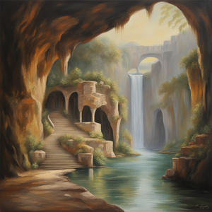 a painting in an oil realistic style a stunning and contemporary picturesque scene! The image of a contemporary palace terrace built within a cave walls overlooking a flowing river with other caves and waterfalls in the distance