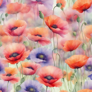 A field of colorful poppies 8K strong pastel colors  Watercolor style