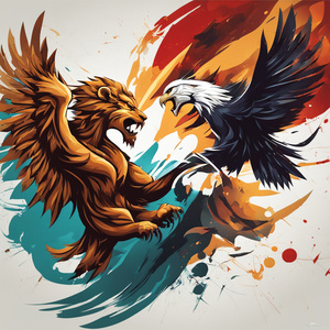 Create a lion and eagle fighting Abstract style