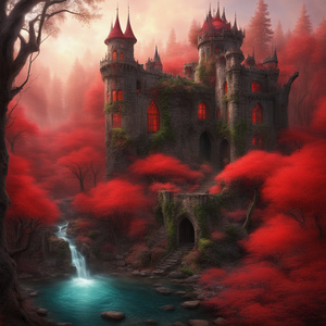 Enchanted forest with red pools of water from a distant glowing water fall that pass in from of the small caslte