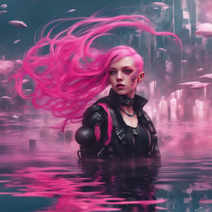 pink hair girl fly on water Cyberpunk style