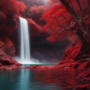 Hidden waterfall cove where wishes are whispered to the red waters.