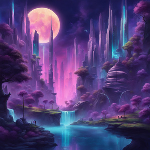 Create an artistic painting of a surreal landscape that combines a futuristic city skyline with natural elements like waterfalls and glowing forests. The scene should be illuminated by a massive crescent moon in the sky casting ethereal light over the env