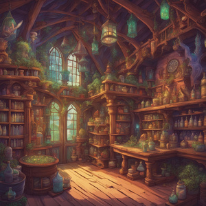a hybrid of a castle and a cabin this magic shop is full of mystery herbs and potions and magical creatures Psychedelic style