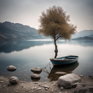 a boat is tied up on the shore of a lake with rocks and a tree in the foreground Constantine Andreou art photography very beautiful scene... Minimalism style