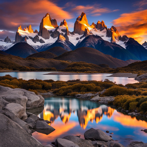 Patagonia is a stunning region known for its natural beauty. One of the most iconic landmarks in Patagonia is Fitz Roy a majestic mountain that captivates visitors with its towering peaks. At sunset the creek in the area reflects the vibrant colors of the