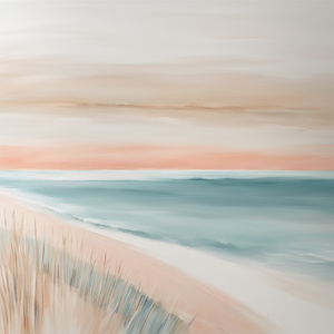 Create a serene coastal art piece featuring a panoramic view of a calm beach with soft rolling waves and golden sand dunes. Use a soothing palette of aquamarine beige and light coral accented with subtle textures to create a tactile feel. The artwork shou