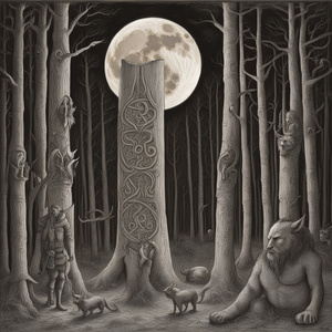 The full moon shines light on runes carved into the tree trunks of the black forest. Oden fenrir and vikings meet by a fire in the black forest under a full moon.