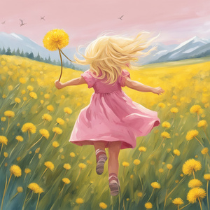 Blonde hair little girl FLYING in the air with and hangin on to dandelions wearing a pink dress her back facing in a large field of grass with yellow dandelions blue ski  Illustration style