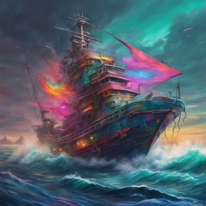 RealisticFantasy fishing ship at sea turbulent seas colorful  Cyberpunk style