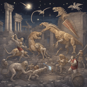 MECHANICAL CREATURES CRAFTING LUMINOUS CONSTELLATIONS IN THE NIGHT SKY WITH ROMANS FIGHTING DINOSAURUS in ancient rome ruins  