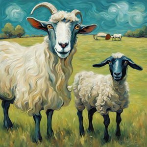 billy goat and a sheep in a field large expressive eyes Van Gogh style