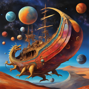 A live dragon ship with 4 legs and large claws windows in its sides- flying in outer space among different size small colourful planets Dali style