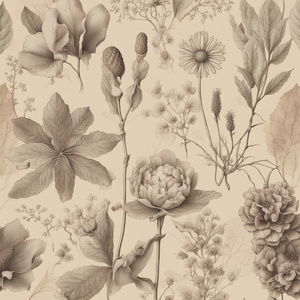 A vintage-style illustration of intricate botanical sketches featuring soft earthy tones aged textures and labeled diagrams of flowers and leaves.