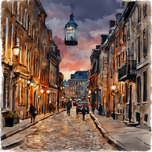 vieux MONTREAL au coucher de solril Watercolor style