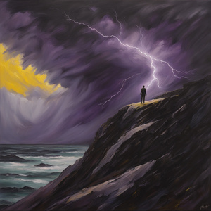A powerful emotionally raw depiction of a lone figure standing on a cliff edge facing a turbulent storm. The swirling sky of dark purples blacks and flashes of yellow lightning dominates the canvas while the jagged strokes of the landscape below create a 