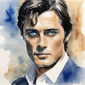 Watercolor portrait of the beautiful blue-eyed Alain Delon