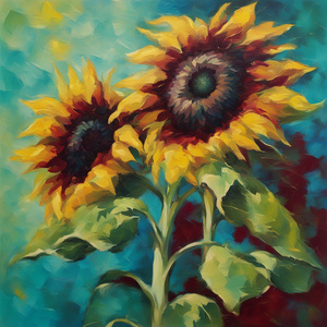 yellow sunflower and burgundy sunflower with blue green background Impressionism style