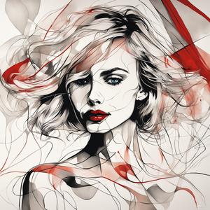  Portrait beautiful young blonde woman sensual short wavy hair red lips Gerald Scarfe ink and Erica Hopper washing style. Background haachura lines cubism abstract