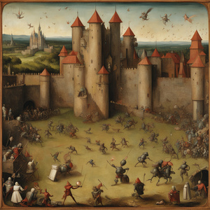 romans and persians  vs. robots  showdown hieronymus bosch with castle in the background