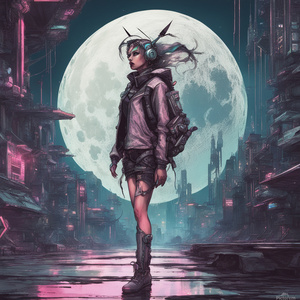 fairy girl walk on the moon Cyberpunk style