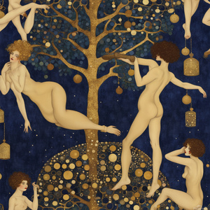 GUSTAV KLIMT CHRISTMAS COUPLE DANCING TREE PARTY CAVIAR CHAMPAIGNE GOLDROYAL NAVY BLUE 