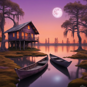 realistic two old wooden cabins old wooden boat swamp moon in background sunset with light purple and orange cypress trees moss pier Dali style