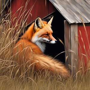 Red Fox curled up beside old dilapidated red shed with tall grasses