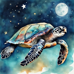 Sea turtle under moon with stars  Watercolor style
