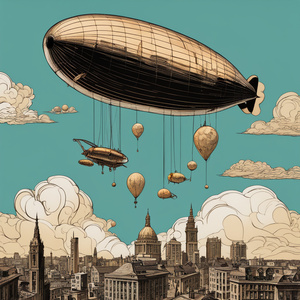 Magic-infused cityscape  Goudy sky and blimp Dali style