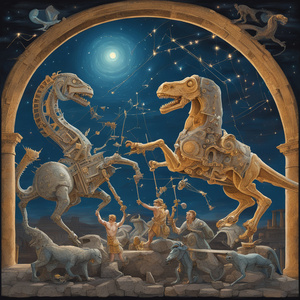 MECHANICAL CREATURES CRAFTING LUMINOUS CONSTELLATIONS IN THE NIGHT SKY WITH ROMANS FIGHTING DINOSAURUS in ancient rome ruins   Dali style