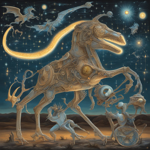 MECHANICAL CREATURES CRAFTING LUMINOUS CONSTELLATIONS IN THE NIGHT SKY WITH ROMANS FIGHTING DINOSAURUS Dali style