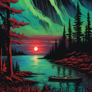 foreboding forest setting with the northern lights shining through the trees then out over the  bay of water that is glowing blue green and red from the northern lights Pop art style