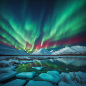 Mystical tundra setting with the northern lights shining over a bay of water that is glowing blue green red  from the northern lights