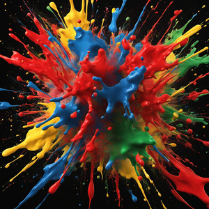 A dynamic explosion of colorful paint splatters in vibrant shades of red yellow blue and green arranged in a random yet balanced composition on a black background.