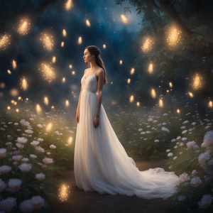  A woman in an ethereal flowing white gown standing in a lush enchanted garden under a twilight sky surrounded by glowing flowers and magical fireflies with a serene and mystical atmosphere.