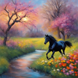 spring valley with colorful flowers and a trotting black stallion by a stream at sunset Impressionism style