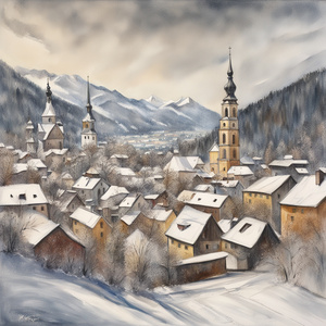 Winter landscape. A combination of pencil drawing with acrylic painting with scraping and splashing this masterpiece shows the beauty of winter Achenkirch old city in the distance with the Parish Church Achenkirch. The streets the trees and rooftops are s